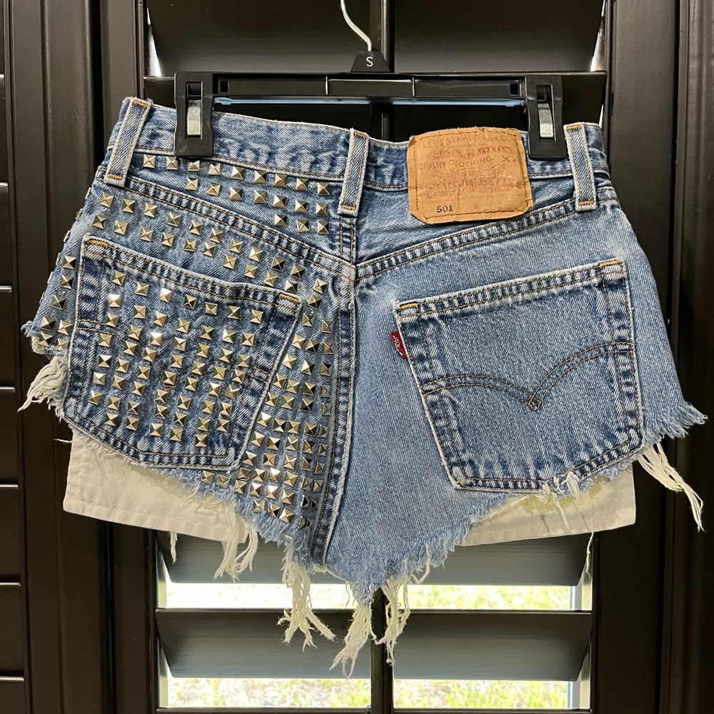 Custom made Levi’s cutoff shorts- hand studded festival style
